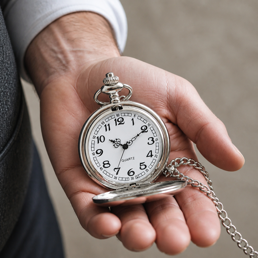Montre à gousset moderne homme argent tenue ouverte dans la paume, modèle Côme