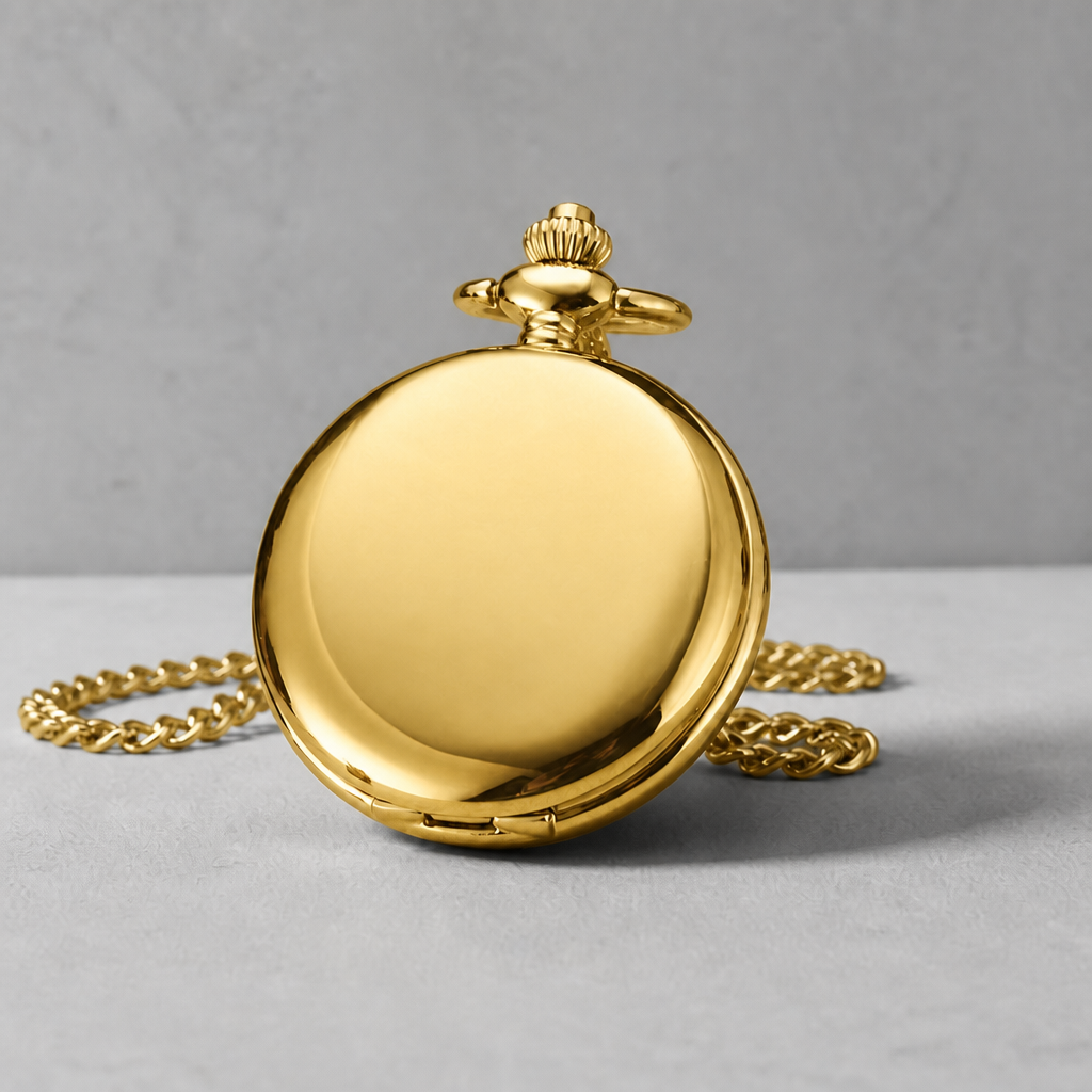 Montre à gousset moderne homme dorée fermée, couvercle poli miroir sans gravure