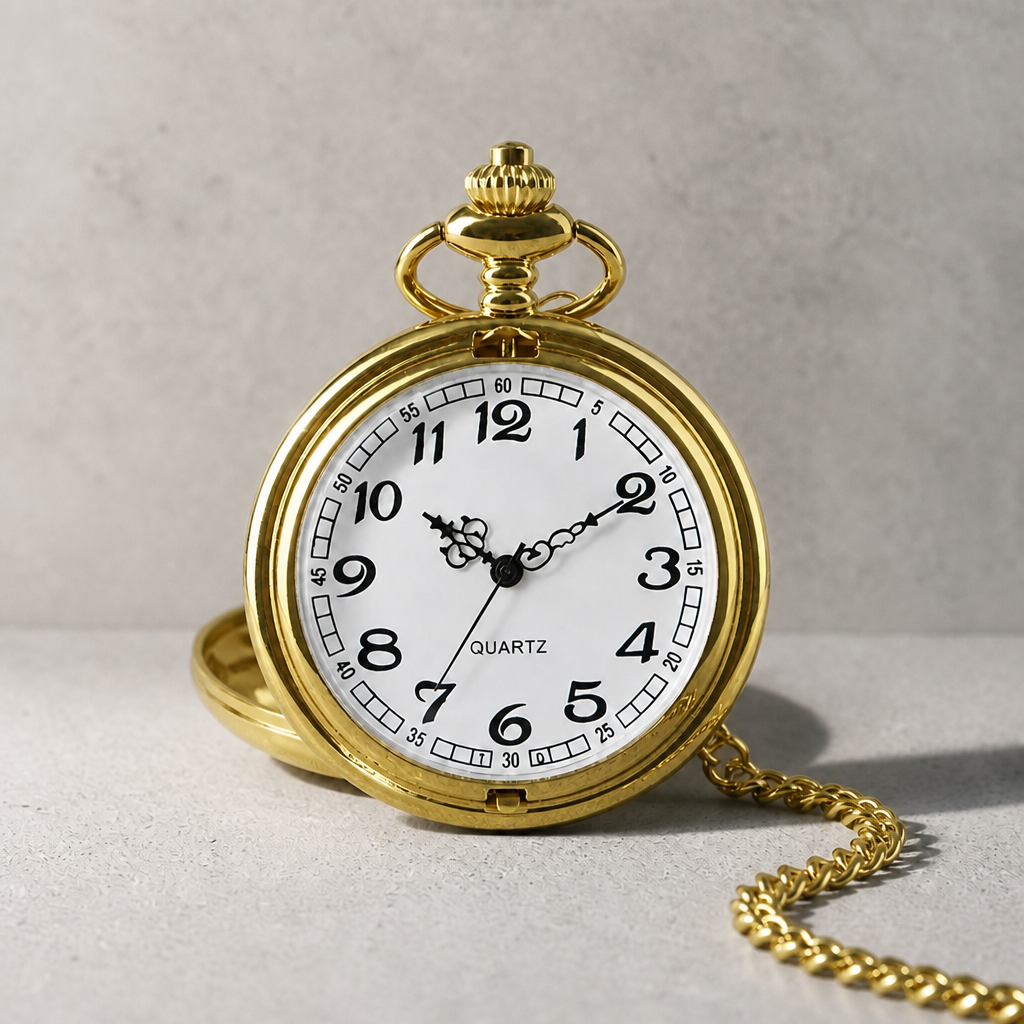 Montre à gousset moderne homme dorée ouverte, cadran blanc à chiffres arabes