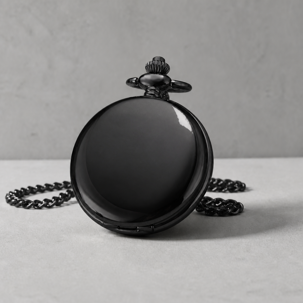 Montre à gousset moderne homme noire fermée, couvercle poli miroir sans gravure
