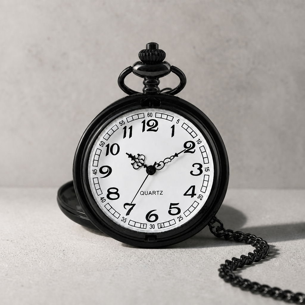 Montre à gousset moderne homme noire ouverte, cadran blanc à chiffres arabes
