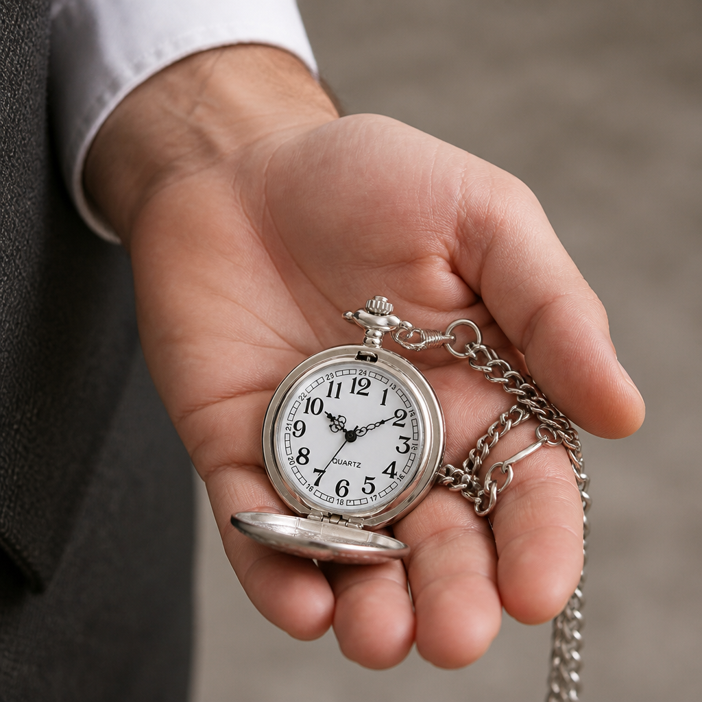 Montre à gousset Peaky Blinders homme argent tenue ouverte dans la paume, modèle Barnabé