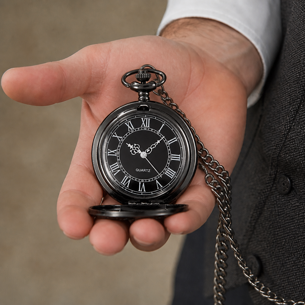 Montre à gousset quartz noire à engrenages tenue ouverte dans la main, modèle Anatole