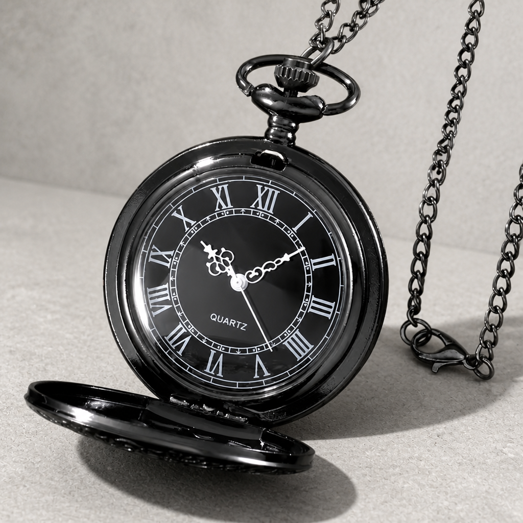 Montre à gousset quartz noire ouverte, cadran noir à chiffres romains