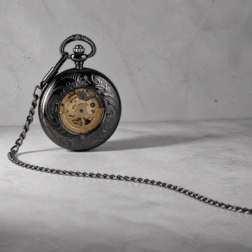 Montre à gousset squelette noire homme avec sa chaîne fine à crochet à ressort