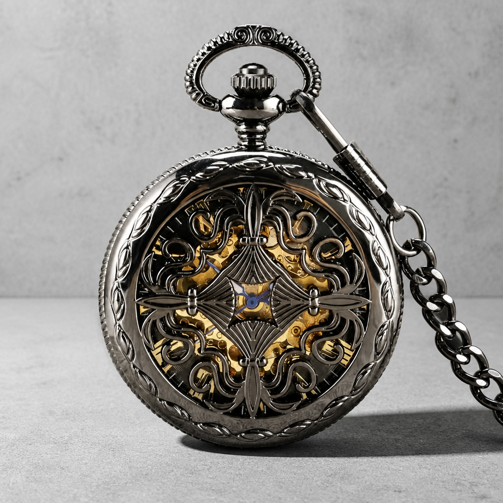 Montre à gousset squelette noire homme fermée, couvercle ajouré à motif floral