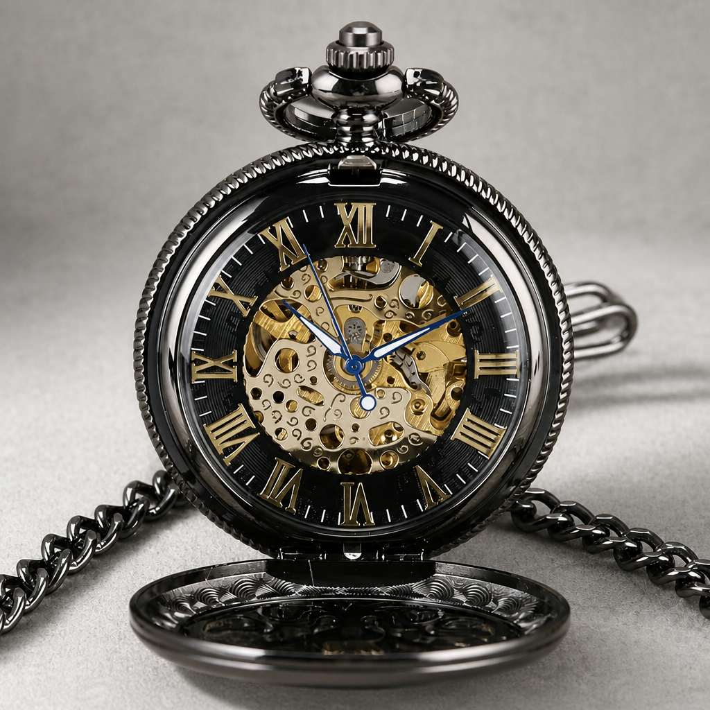 Montre à gousset squelette noire homme ouverte, cadran évidé et mouvement doré