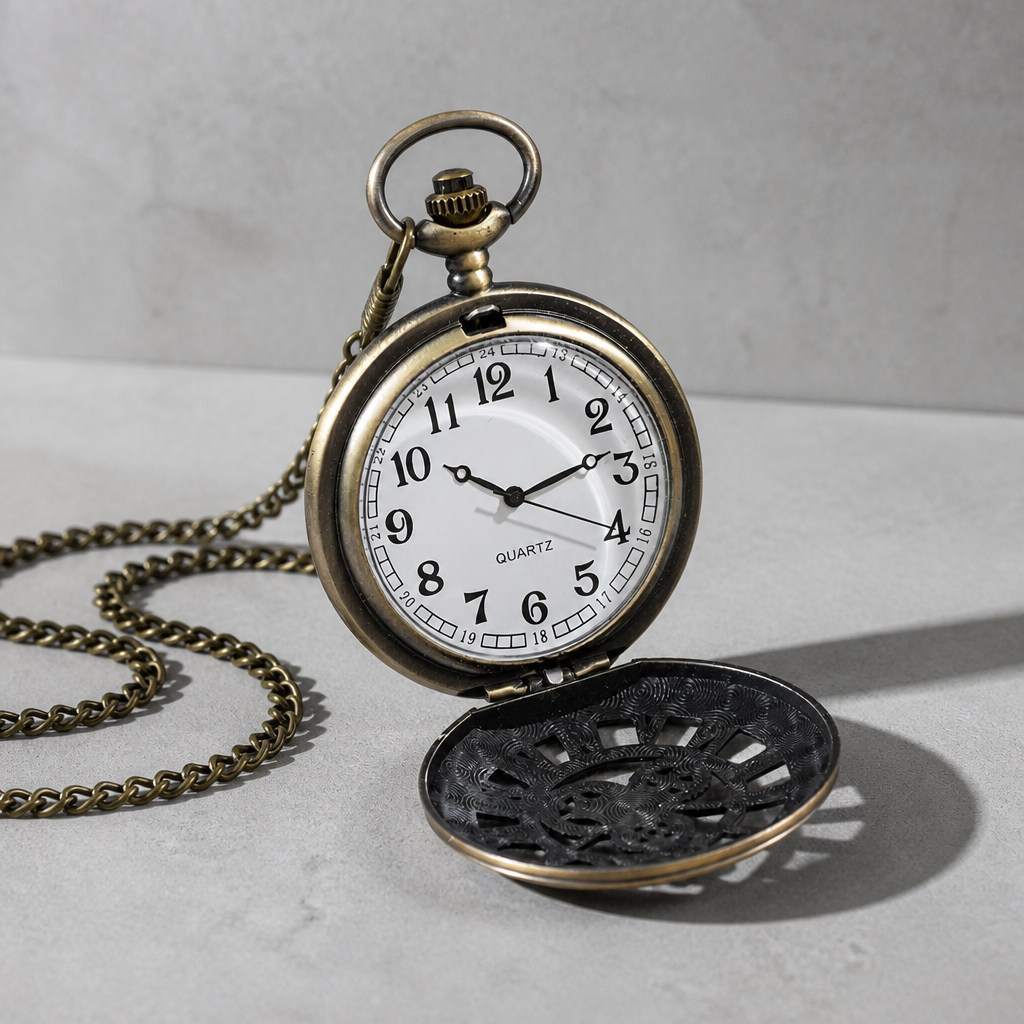 Montre à gousset steampunk homme ouverte, cadran blanc à chiffres arabes