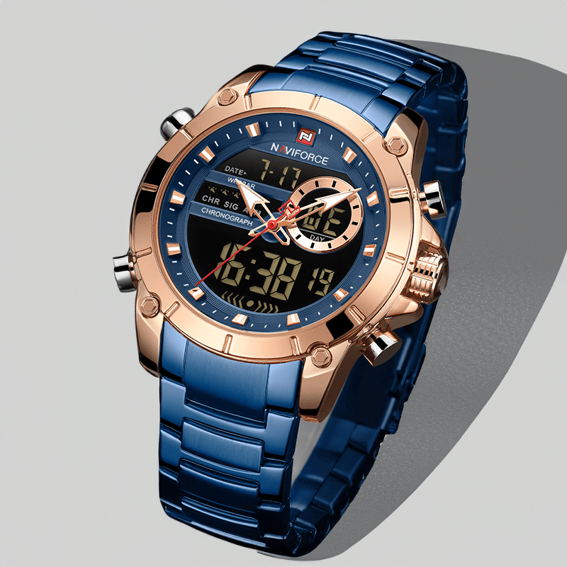 Montre affichage digital homme bleue à lunette or rose, vue de profil