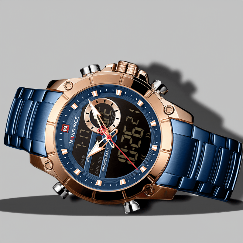 Montre affichage digital homme bleue et or rose, bracelet à maillons déroulé