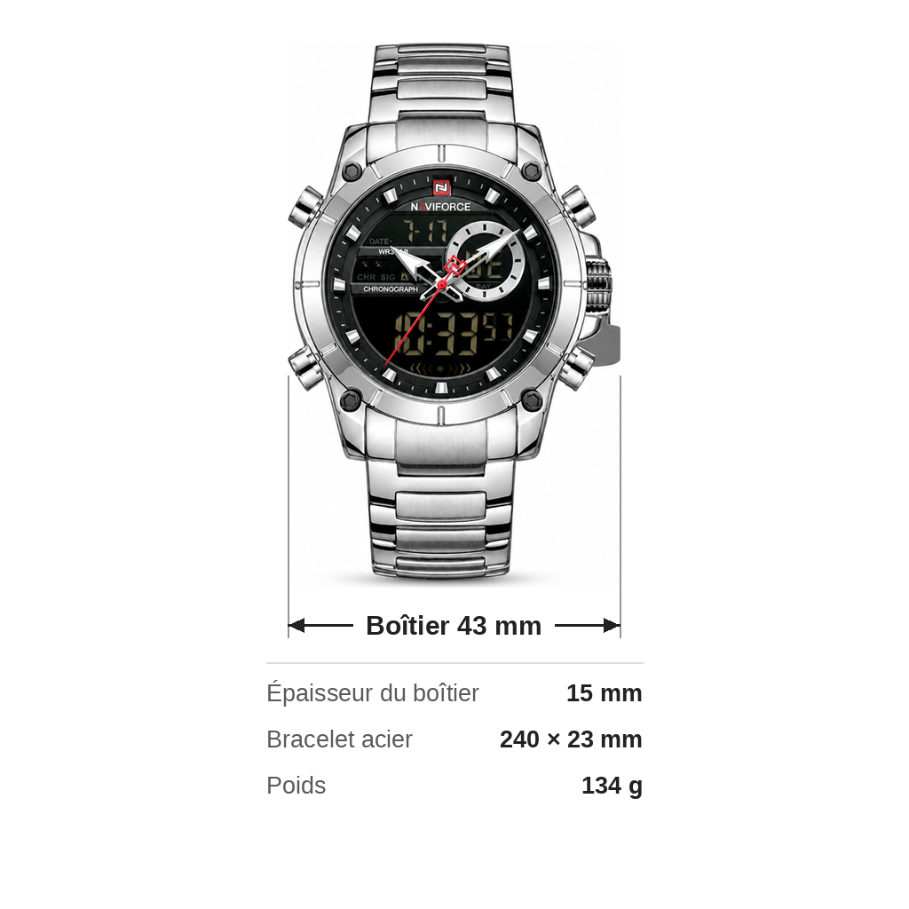 Planche de cotes : boîtier 43 mm, épaisseur 15 mm, bracelet 240 par 23 mm, 134 g