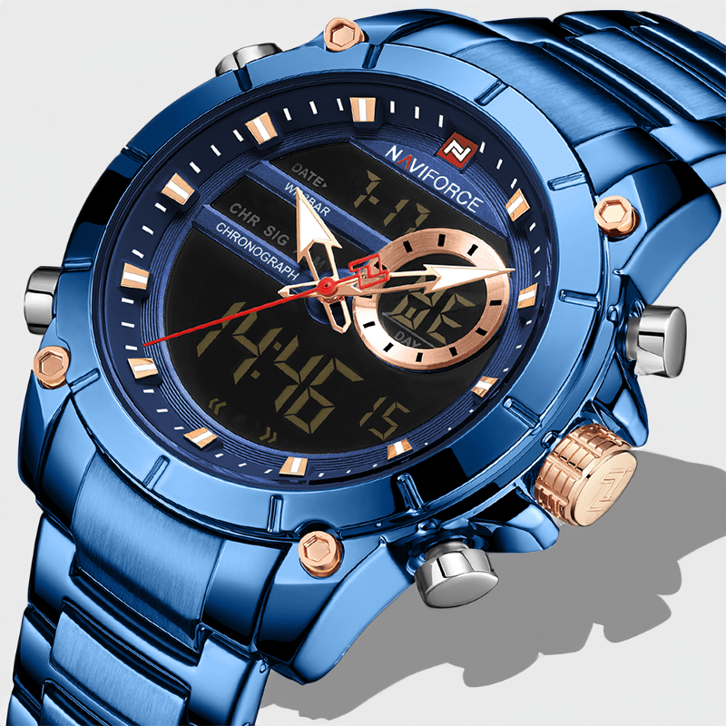 Détail de la lunette bleue à huit vis six pans et des poussoirs de chronographe