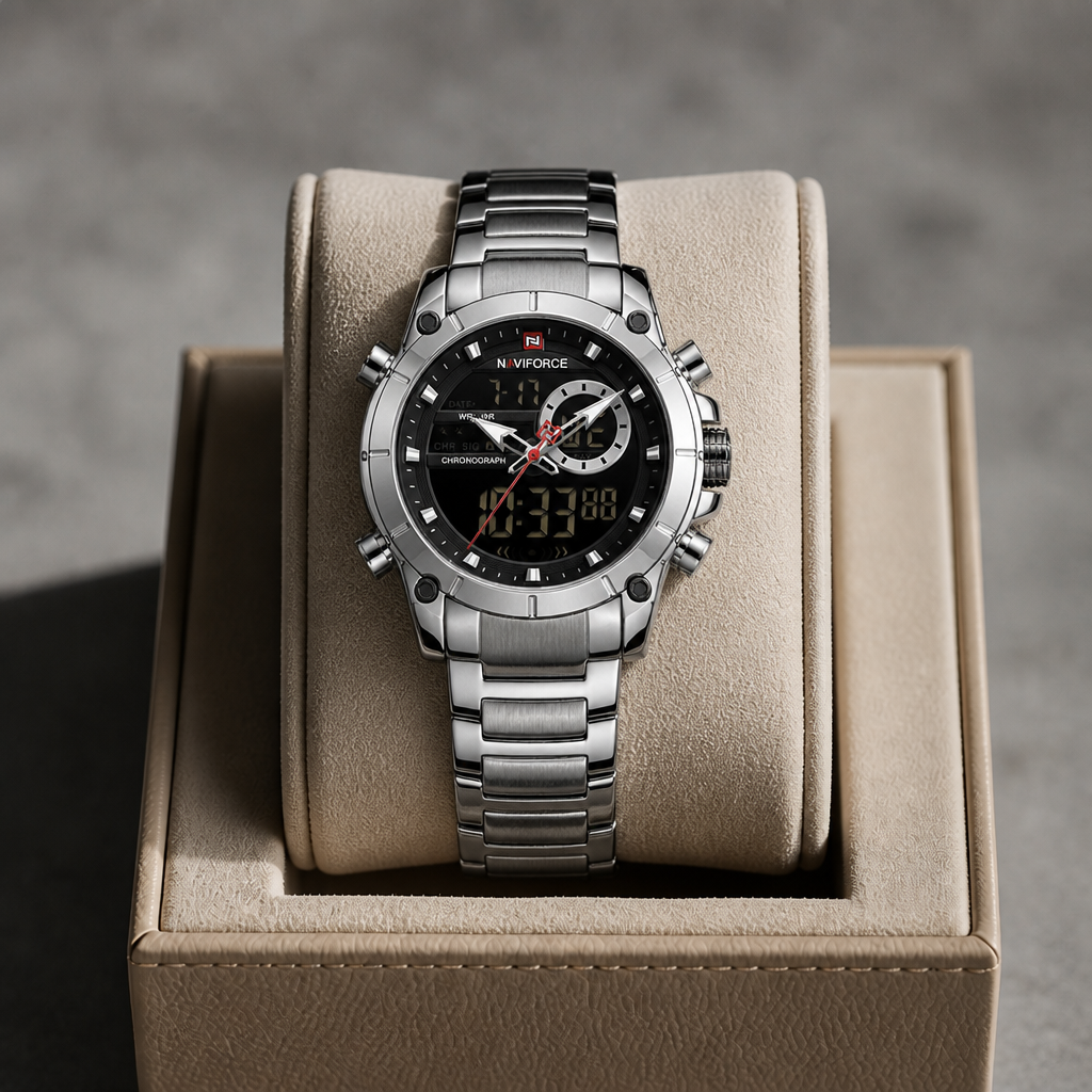 Montre affichage digital homme argentée dans son écrin La Boutique Des Hommes