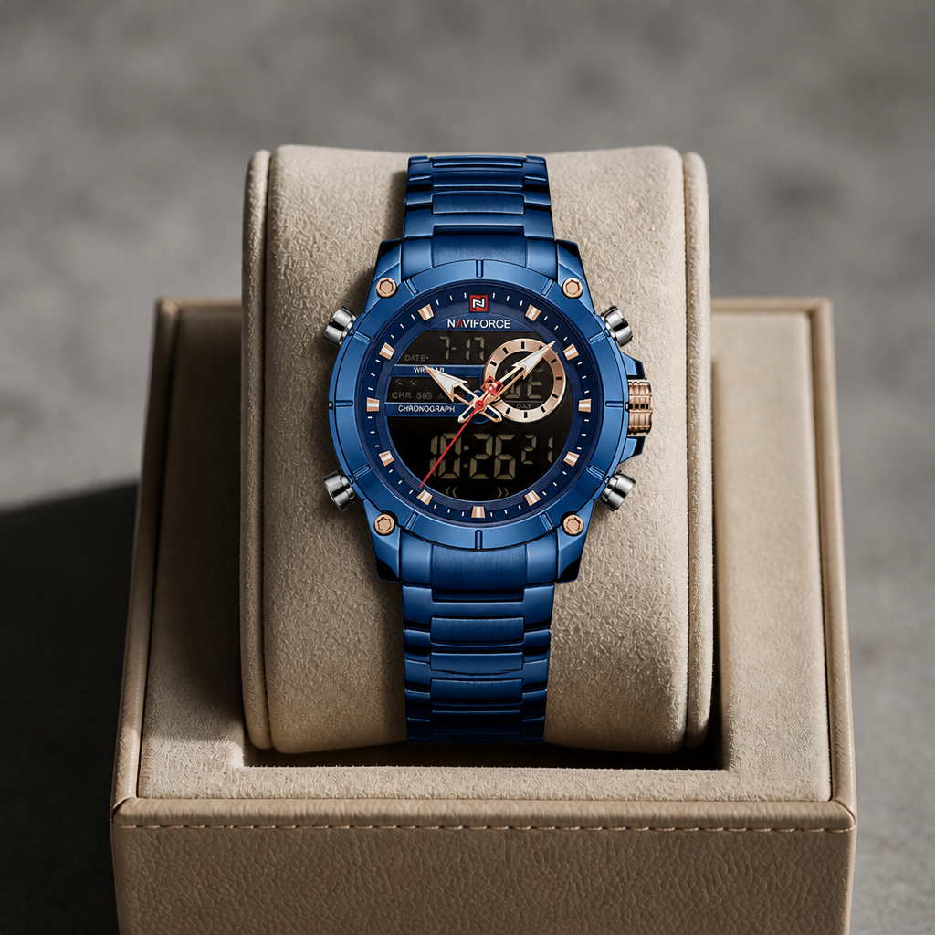 Montre affichage digital homme bleue dans son écrin La Boutique Des Hommes