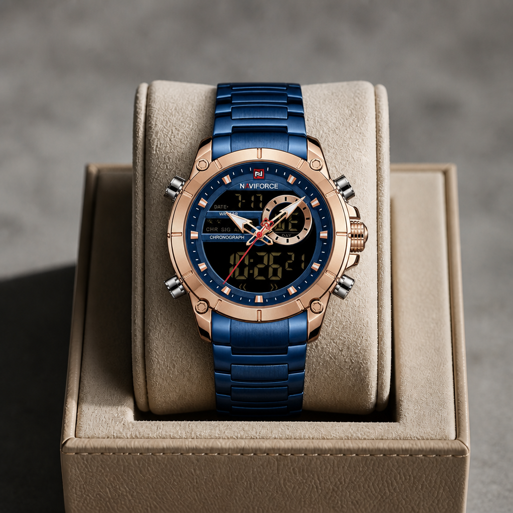 Montre affichage digital homme bleue et or rose dans son écrin La Boutique Des Hommes