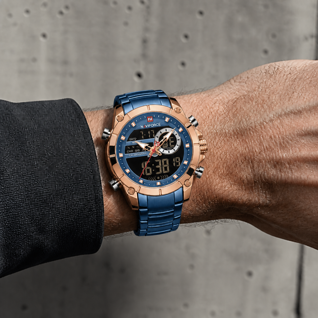 Montre affichage digital homme bleue à lunette or rose portée au poignet