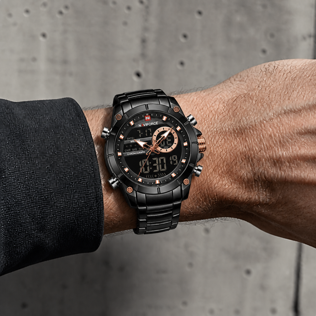 Montre affichage digital homme noire portée au poignet