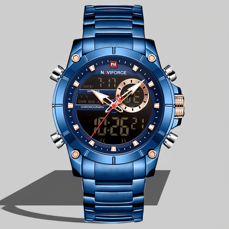 Montre affichage digital homme bleue, chronographe et bracelet acier