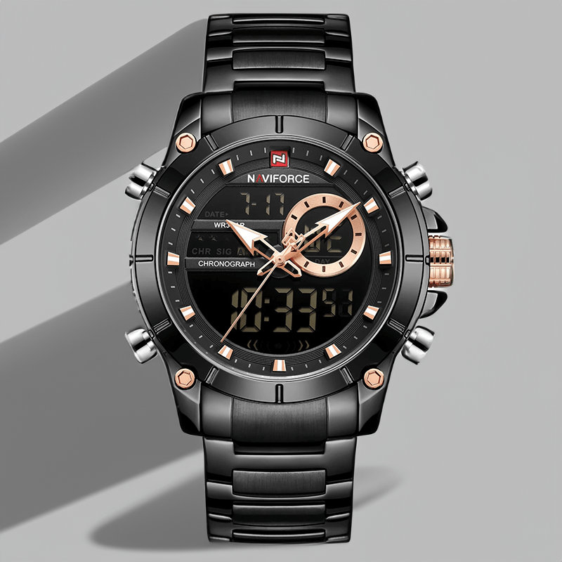 Montre affichage digital homme noire, boîtier acier et lunette à vis
