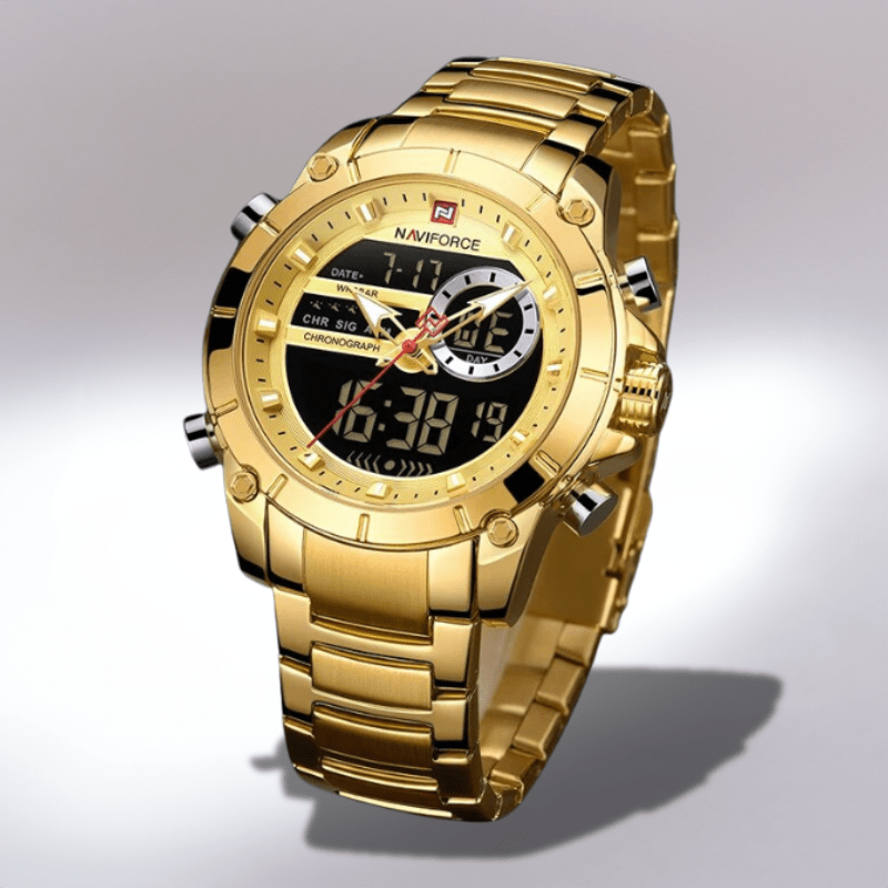 Montre affichage digital homme en acier doré, aiguilles et écrans numériques
