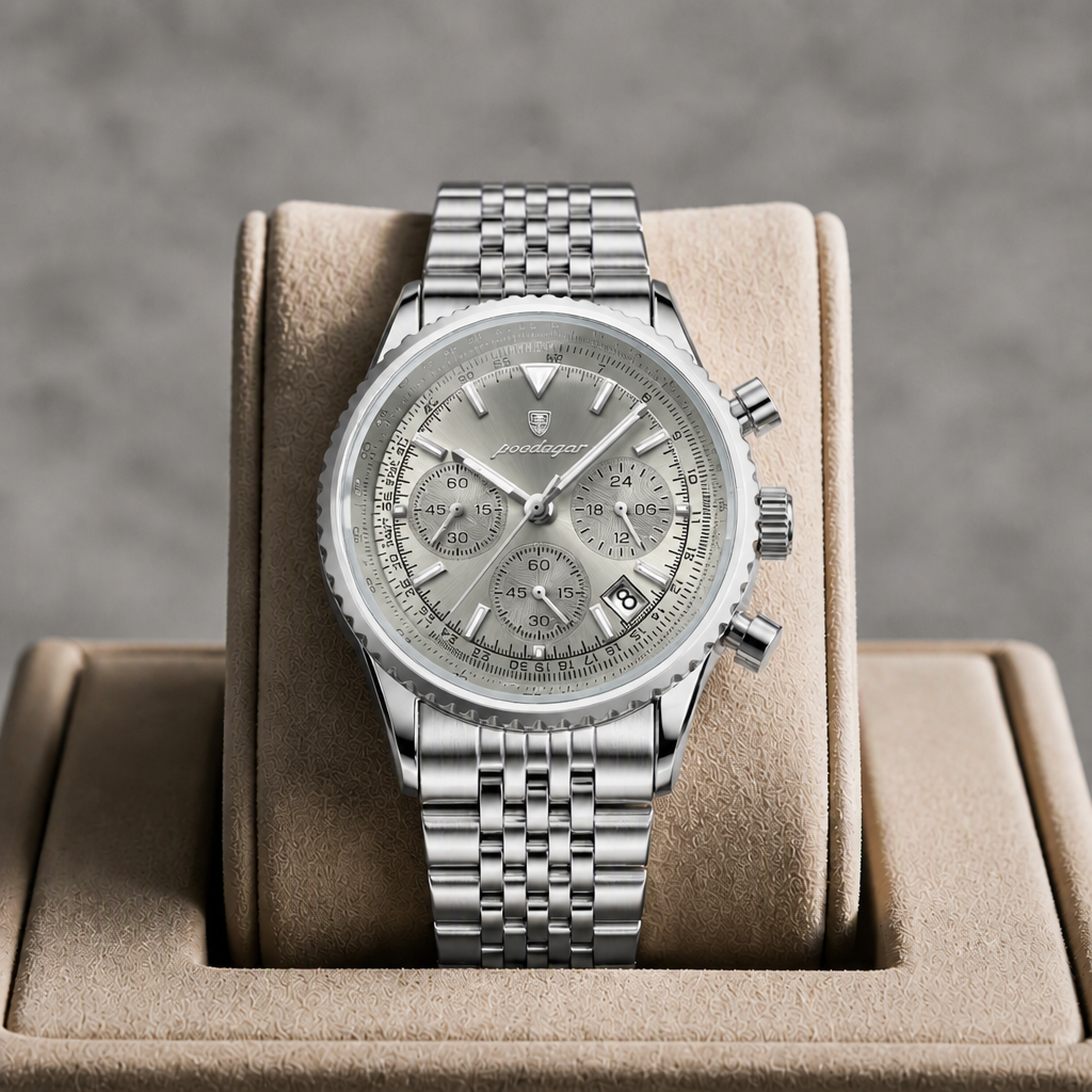 Montre chronographe en acier à cadran argenté présentée dans son écrin en cuir beige