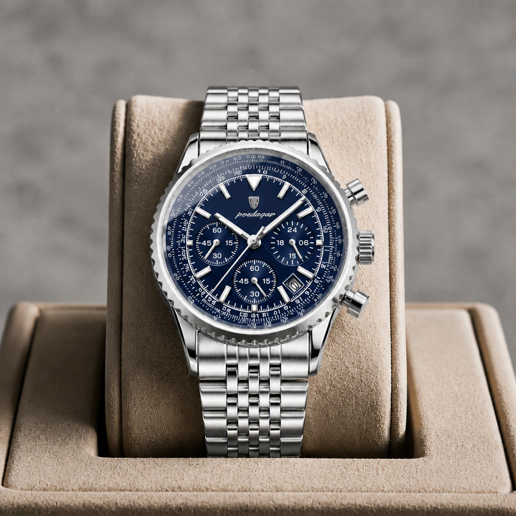 Montre chronographe en acier à cadran bleu présentée dans son écrin en cuir beige