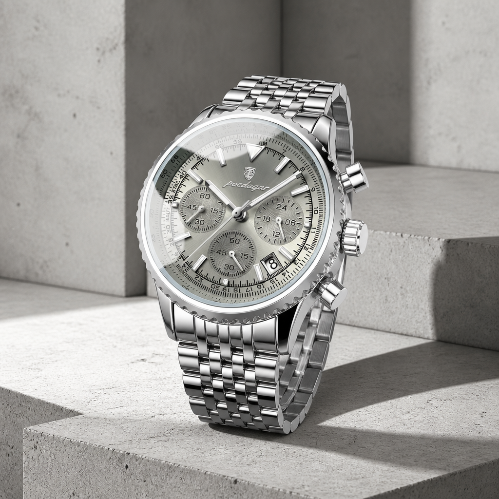 Montre argent homme chronographe en acier, cadran argenté et lunette graduée