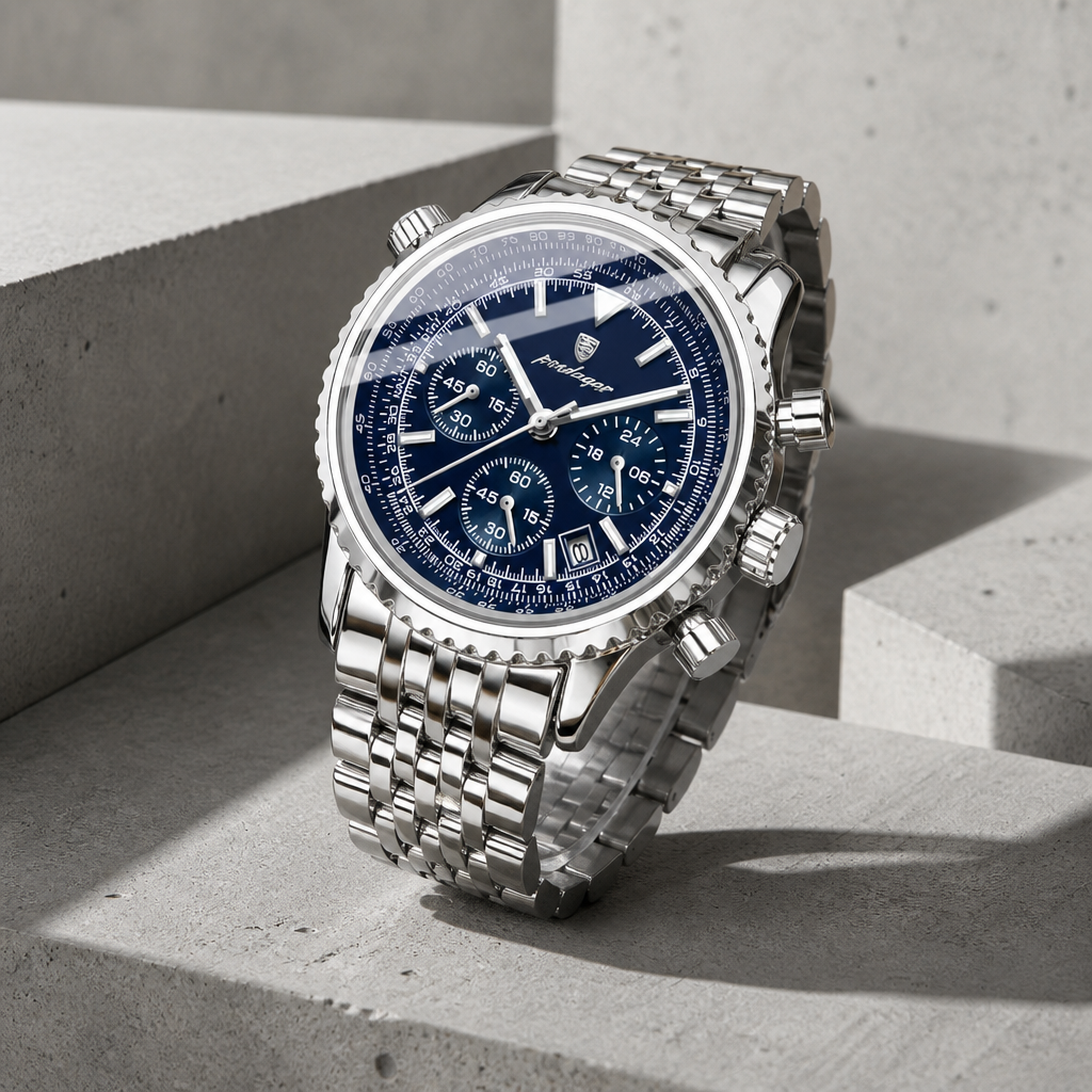 Montre argent homme chronographe en acier, cadran bleu et lunette graduée
