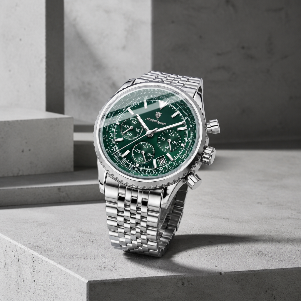 Montre argent homme chronographe en acier, cadran vert et lunette graduée