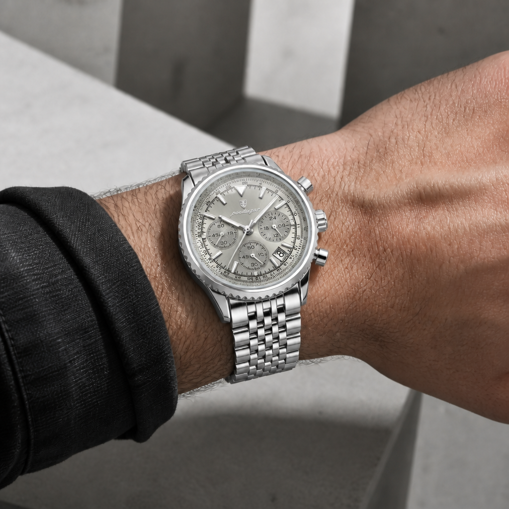 Montre argent homme chronographe portée au poignet, cadran argenté et bracelet acier