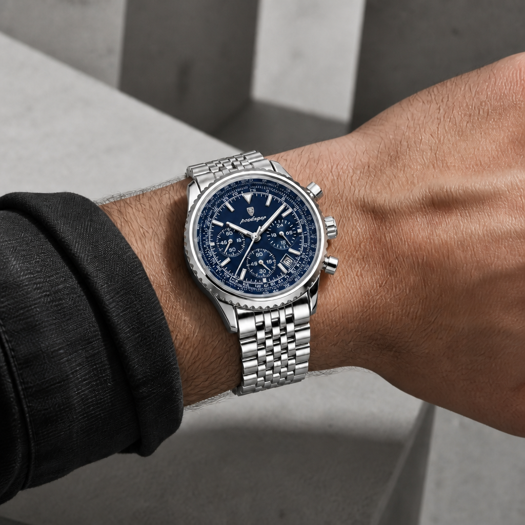 Montre argent homme chronographe portée au poignet, cadran bleu et bracelet acier