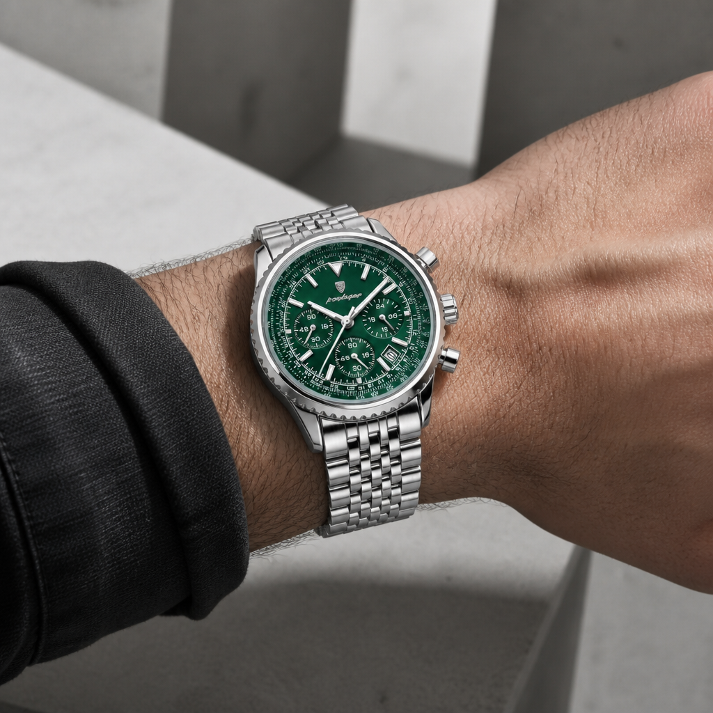 Montre argent homme chronographe portée au poignet, cadran vert et bracelet acier