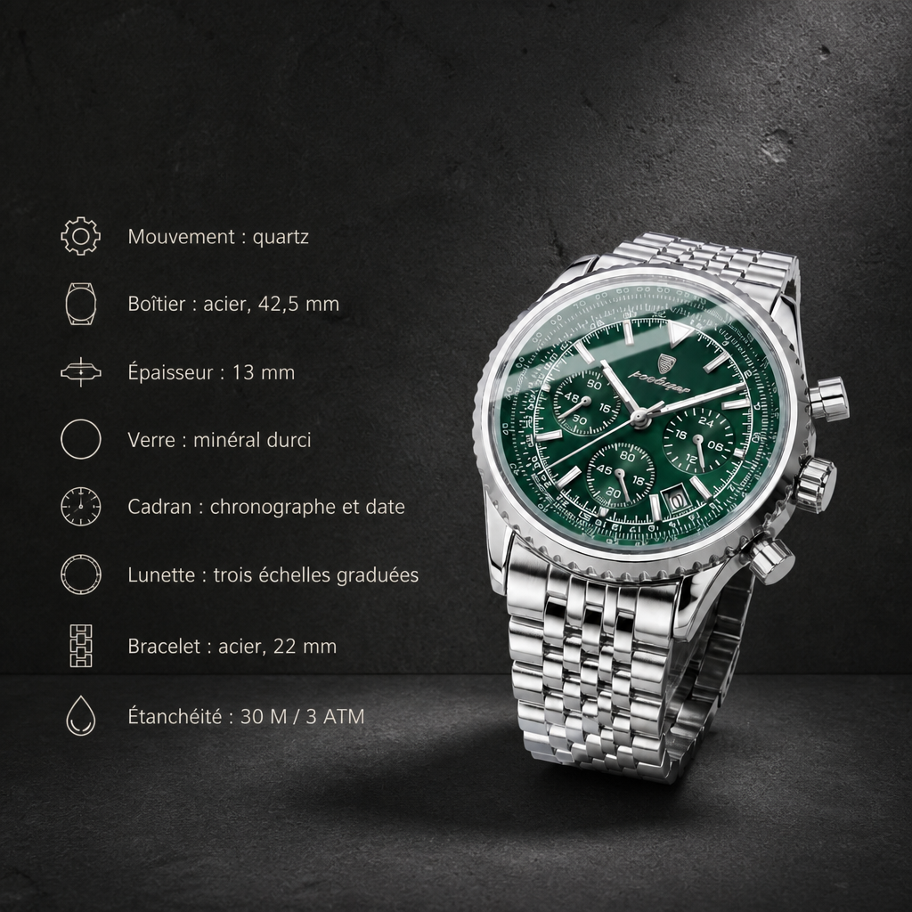 Caractéristiques de la montre argent homme chronographe en acier