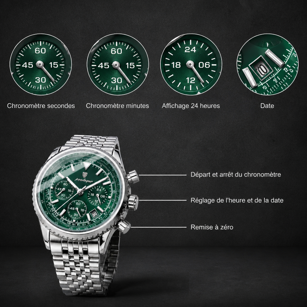 Fonctions du chronographe : compteurs secondes et minutes, affichage 24 heures et date