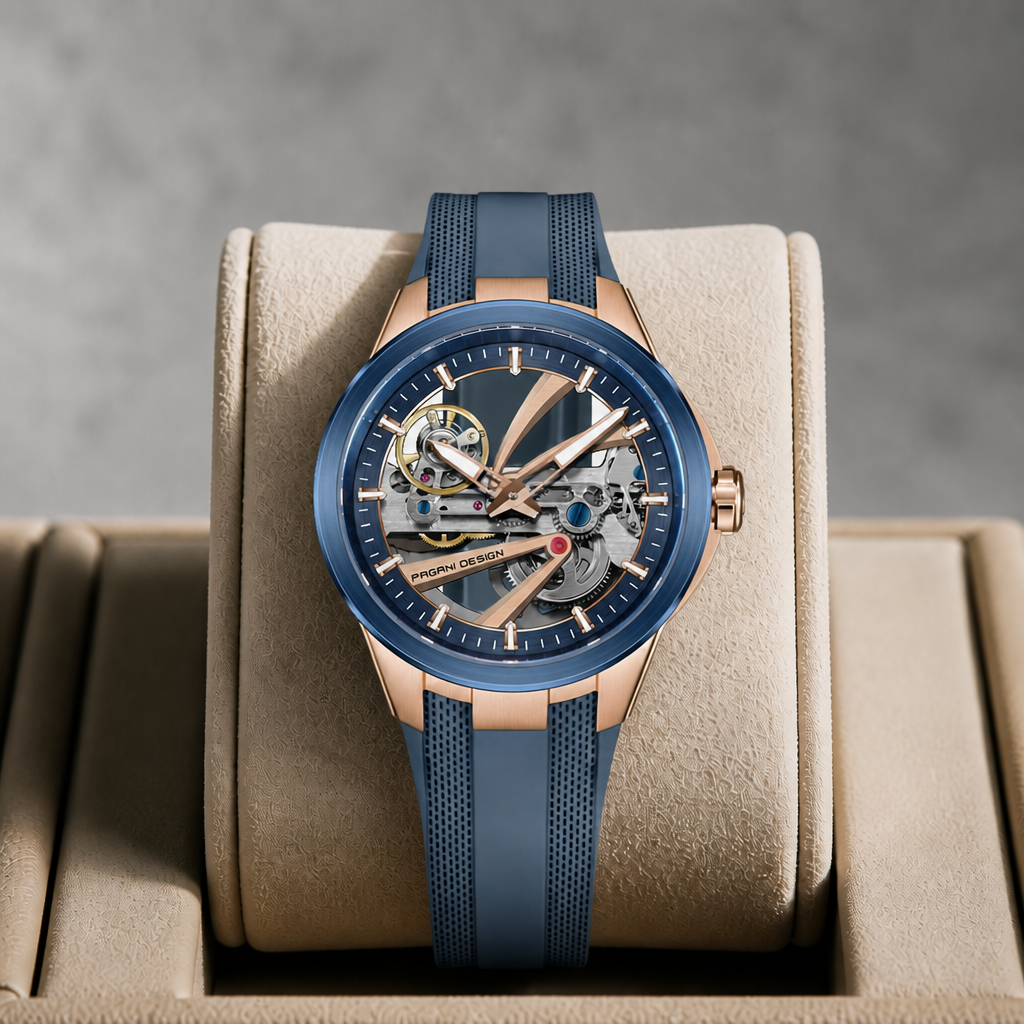 Montre automatique squelette à cadran bleu présentée dans son écrin en cuir beige