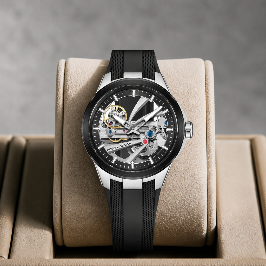 Montre automatique squelette à cadran noir présentée dans son écrin en cuir beige