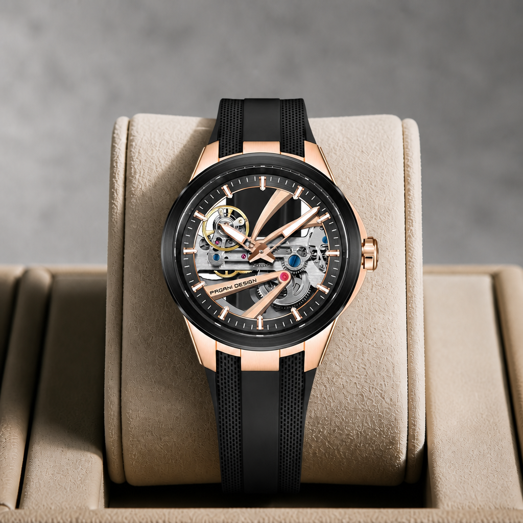 Montre automatique squelette or rose à cadran noir présentée dans son écrin en cuir beige