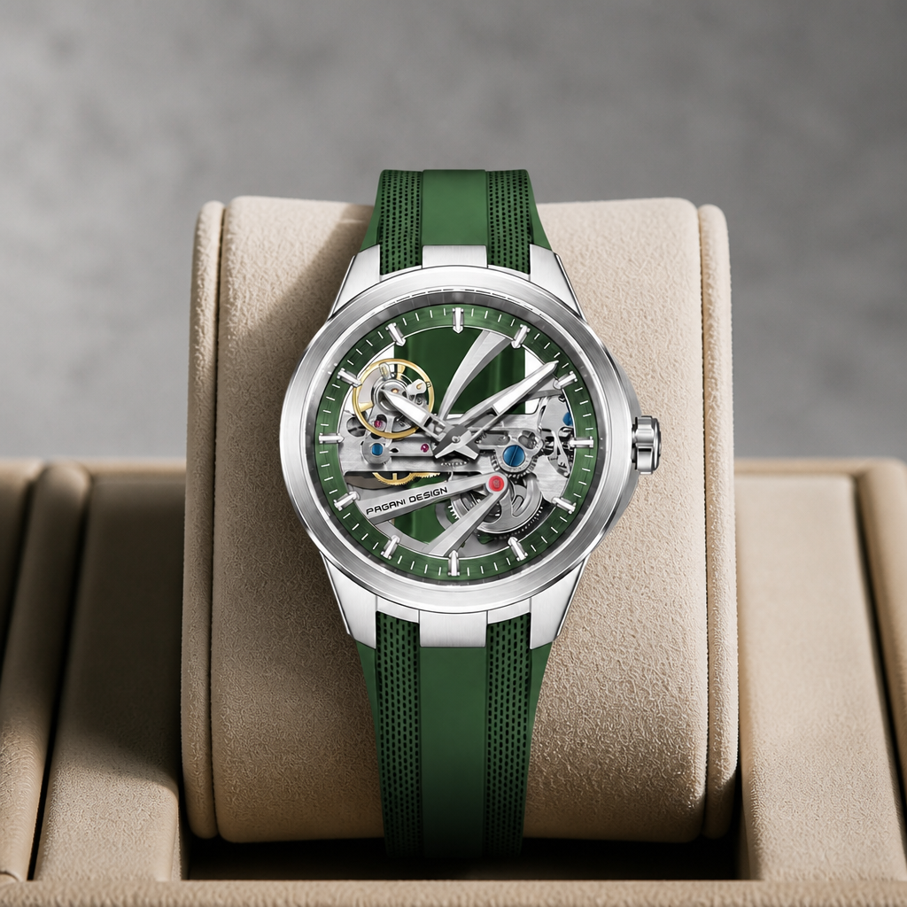 Montre automatique squelette à cadran vert présentée dans son écrin en cuir beige