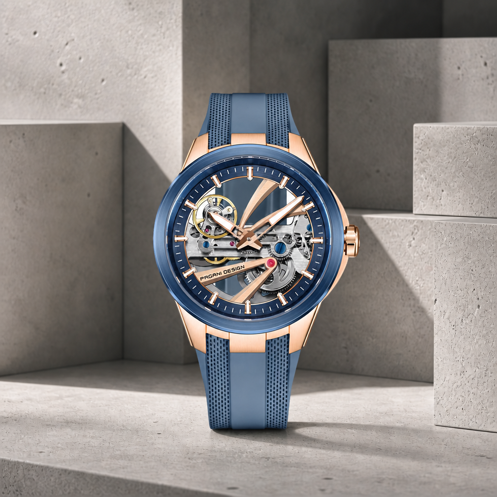 Montre automatique étanche homme cadran squelette bleu, boîtier or rose et bracelet caoutchouc