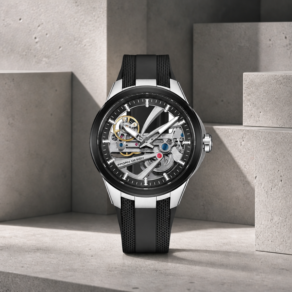 Montre automatique étanche homme cadran squelette noir, boîtier acier et bracelet caoutchouc