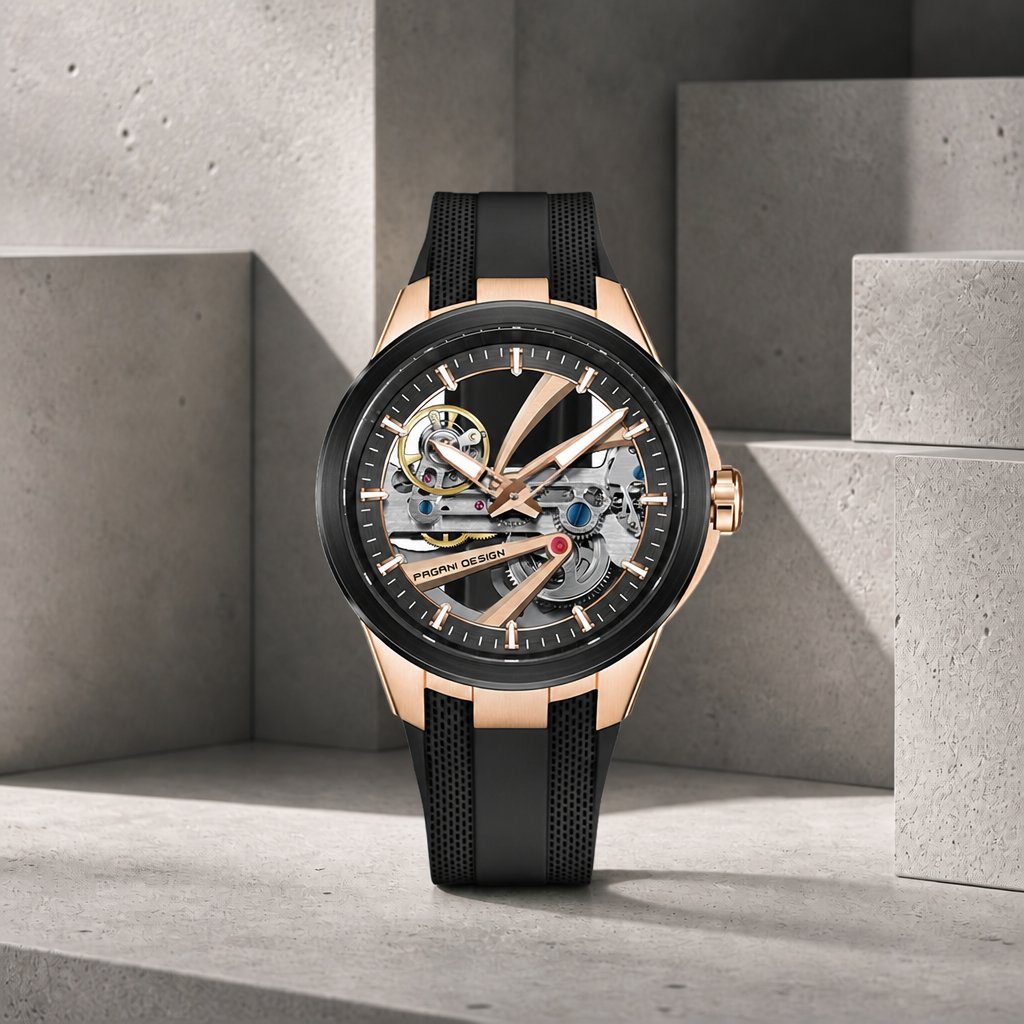 Montre automatique étanche homme cadran squelette noir et boîtier or rose, bracelet caoutchouc