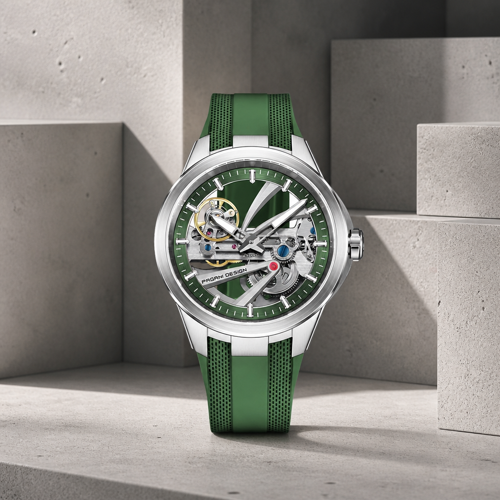 Montre automatique étanche homme cadran squelette vert, boîtier acier et bracelet caoutchouc