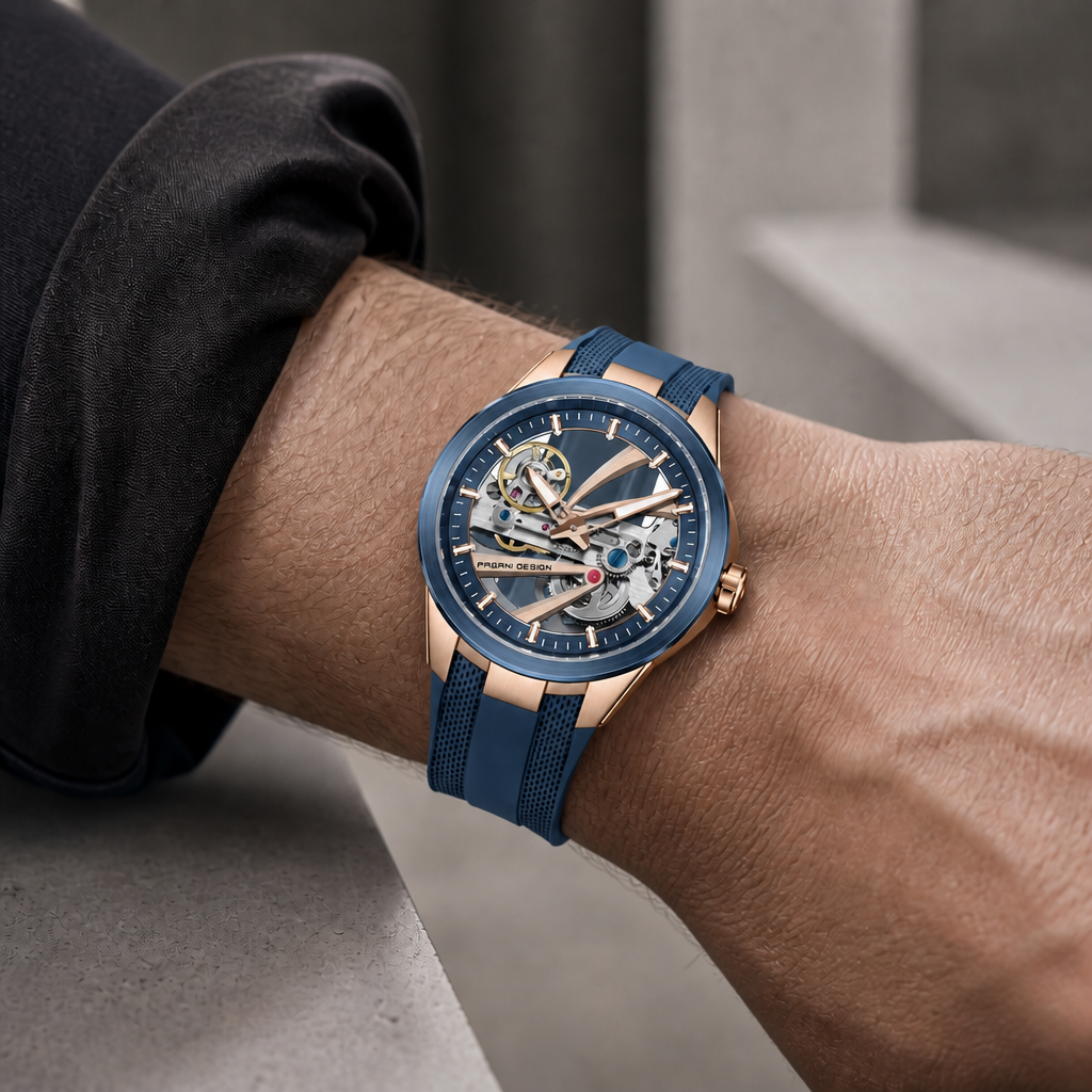 Montre automatique squelette homme à cadran bleu et boîtier or rose portée au poignet