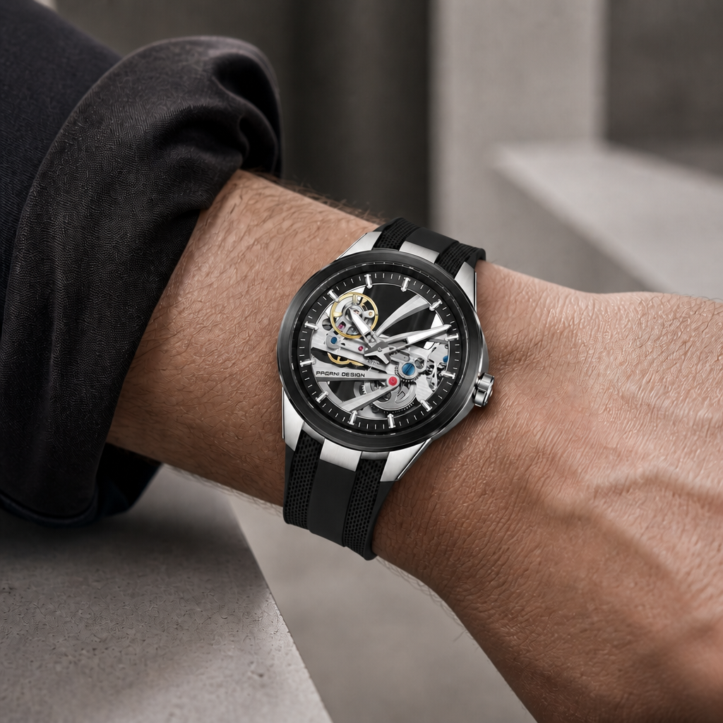 Montre automatique squelette homme à cadran noir et boîtier acier portée au poignet