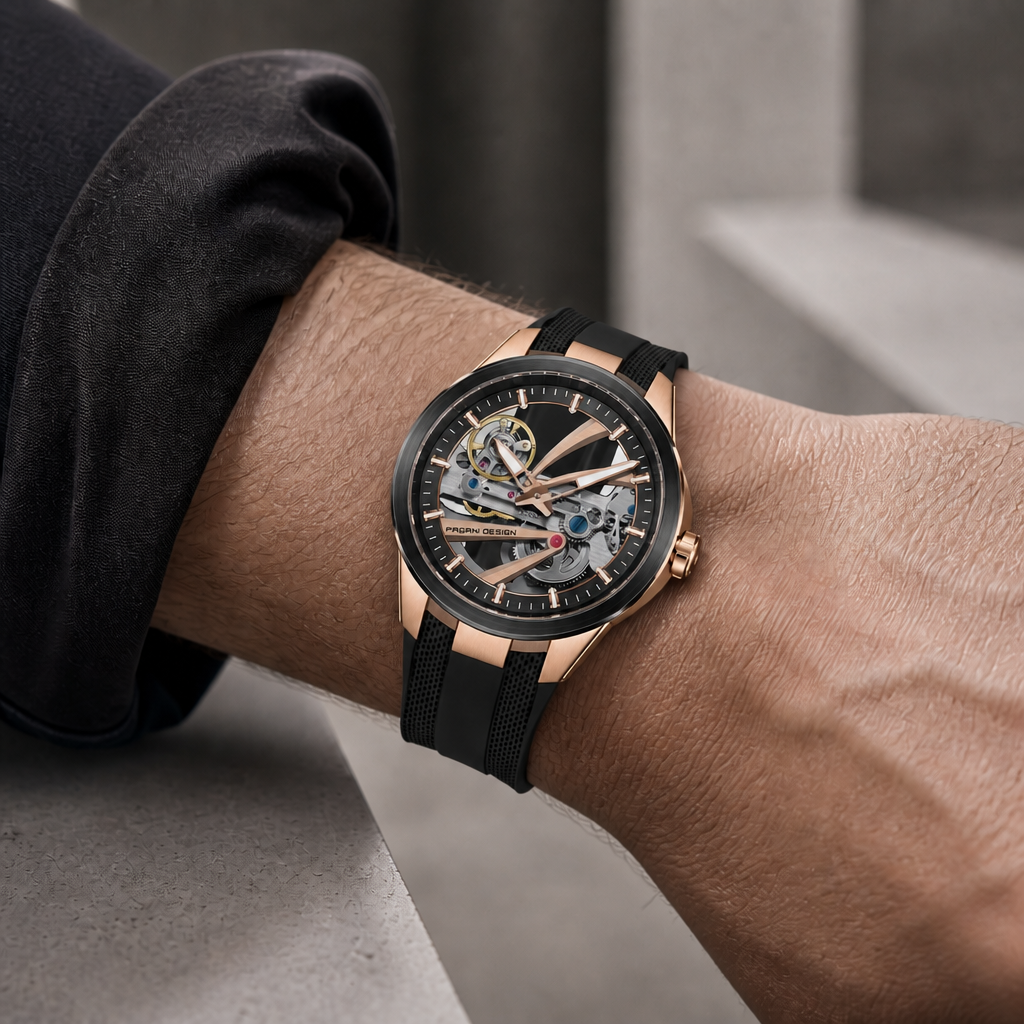 Montre automatique squelette homme boîtier or rose et cadran noir portée au poignet