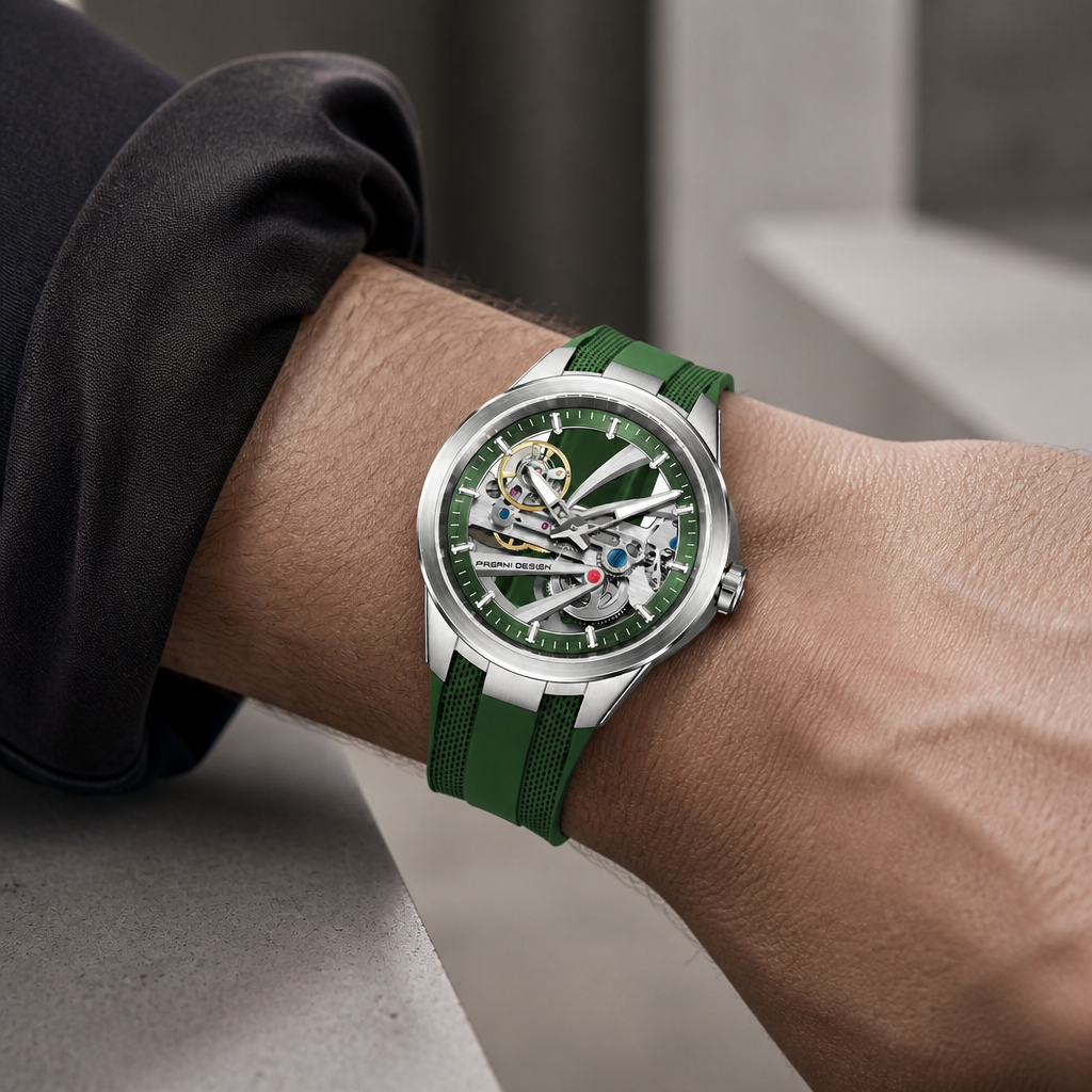 Montre automatique squelette homme à cadran vert portée au poignet, boîtier acier