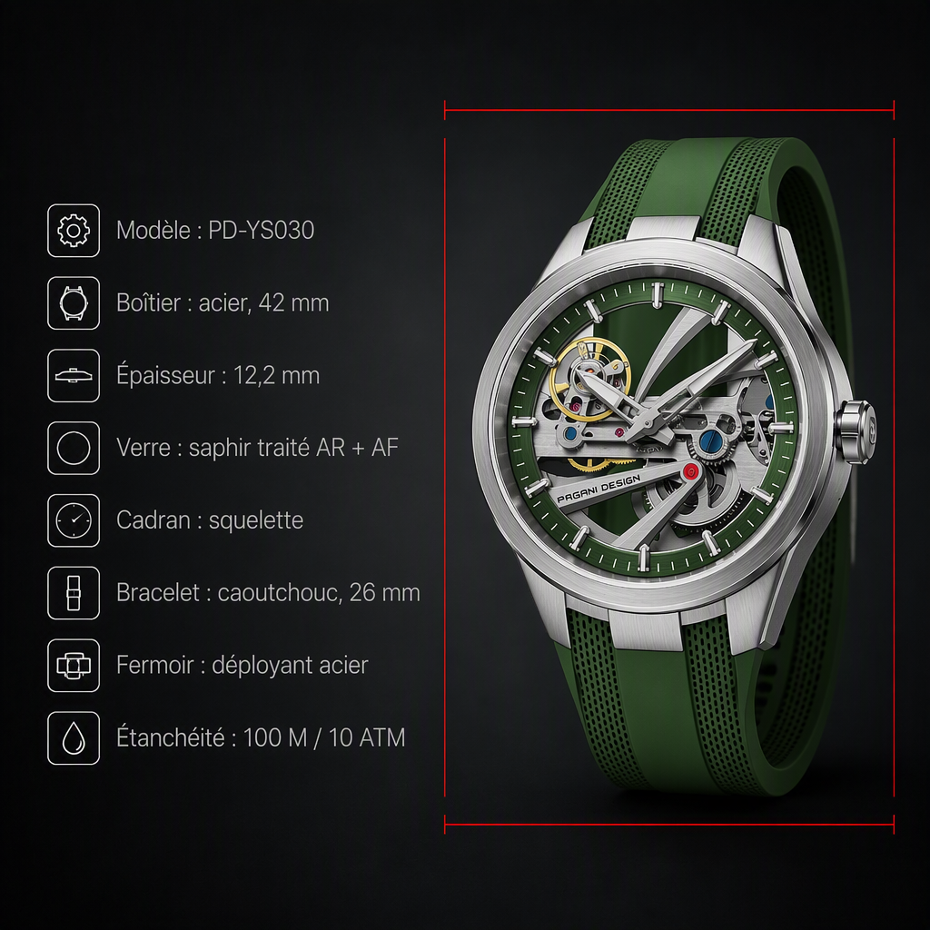 Caractéristiques techniques de la montre automatique étanche homme à cadran squelette