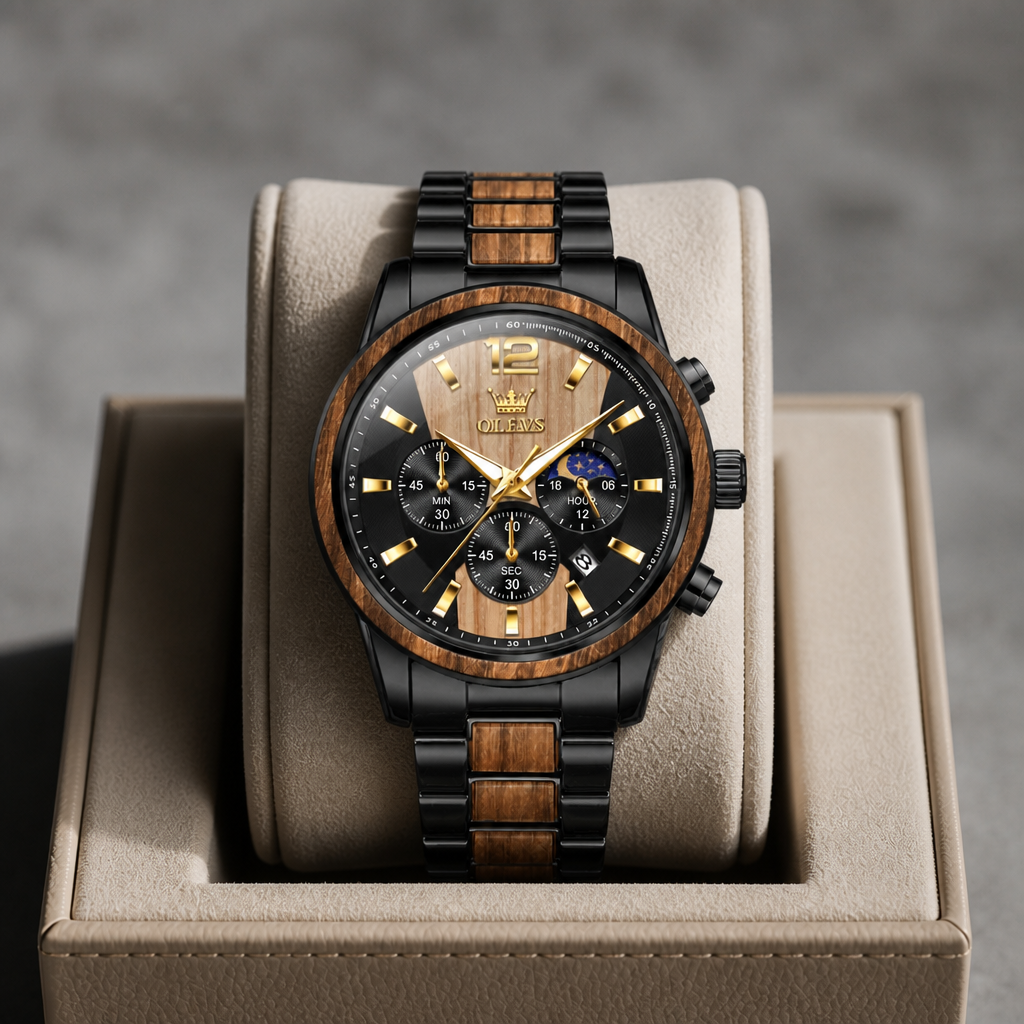 Montre bicolore acier noir et zébrano posée dans son écrin en cuir beige