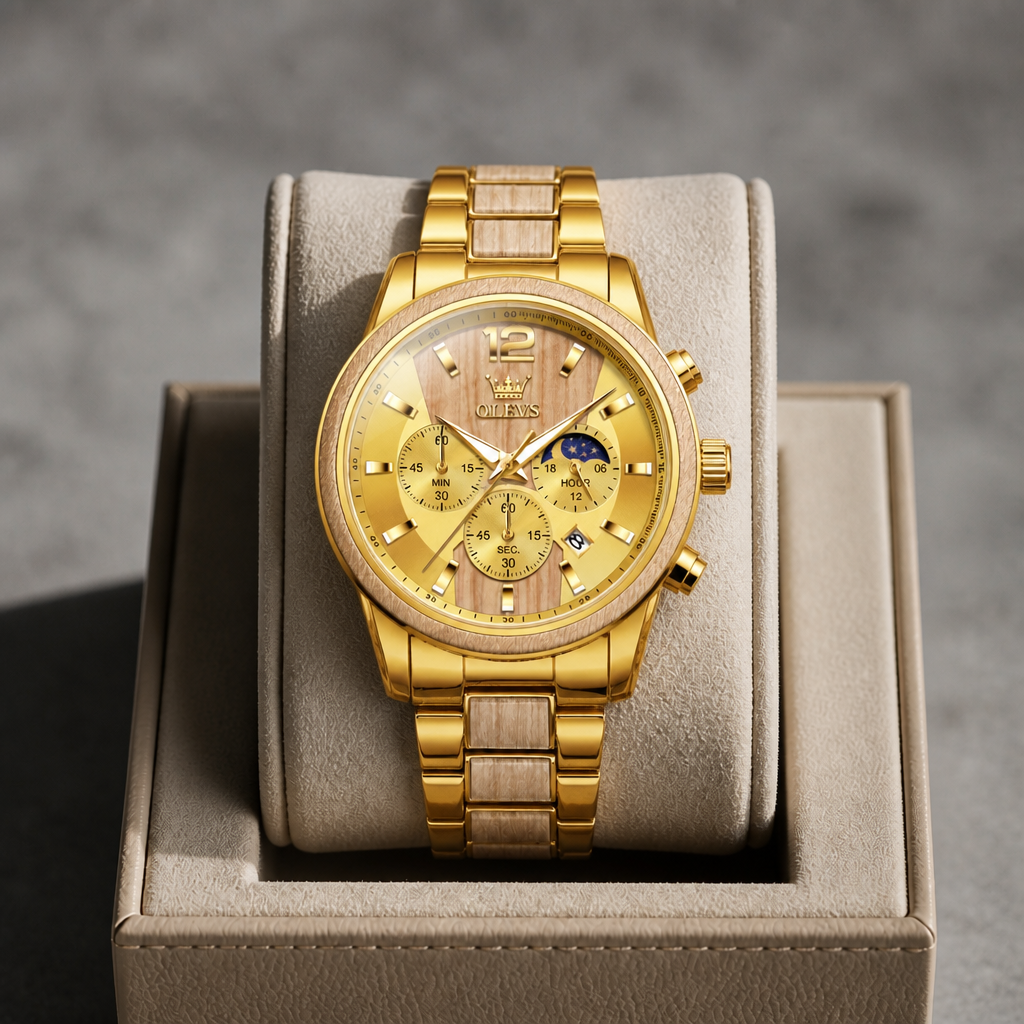 Montre bicolore dorée et érable posée dans son écrin en cuir beige