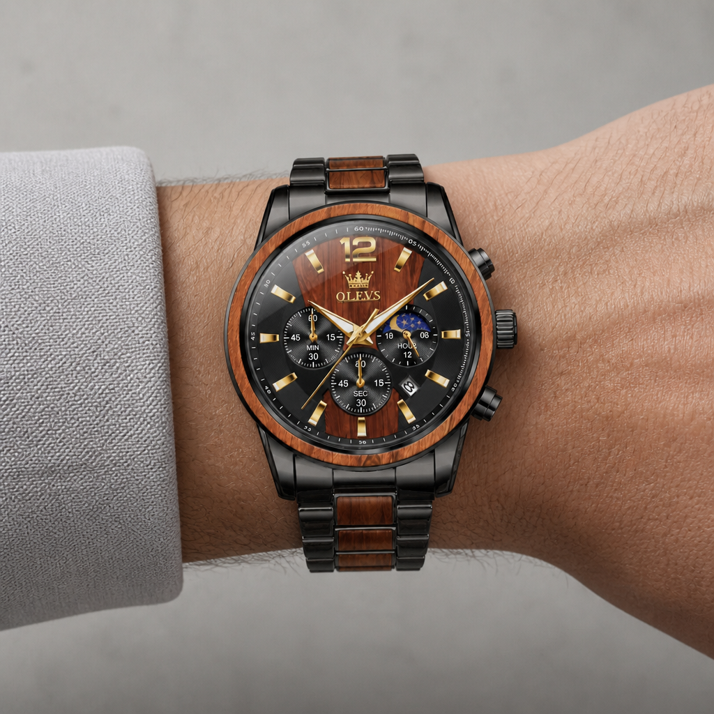 Montre bicolore homme portée au poignet, acier noir et bois de santal